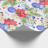 クリスマスのポインセチアのばら色及び青のオーナメント ラッピングペーパー (角)