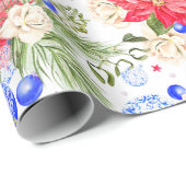 クリスマスのポインセチアのばら色及び青のオーナメント ラッピングペーパー (ロールコーナー)