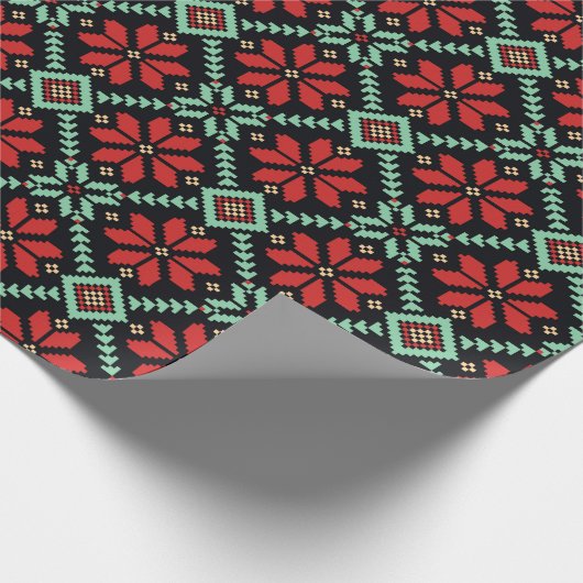 クリスマスのポインセチアの北欧の花のニットの黒の赤 ラッピングペーパー (角)