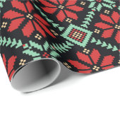 クリスマスのポインセチアの北欧の花のニットの黒の赤 ラッピングペーパー (ロールコーナー)