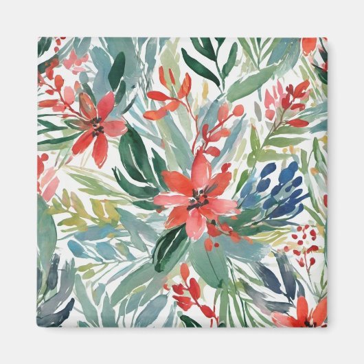 クリスマスのポインセチアの花と葉の植物画 マグネット (正面)