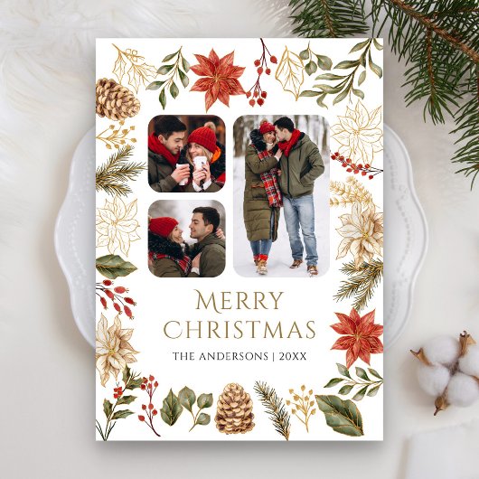 クリスマスのポインセチア花の3枚写真コラージュ シーズンカード