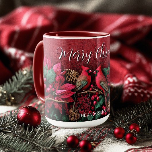 クリスマスのポインツィシアの花 カディナル小鳥 名前 マグカップ