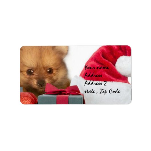 クリスマスのポメラニア犬の子犬 ラベル (正面)
