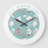クリスマスのミトン模様の冬のミント ラージ壁時計 (正面)