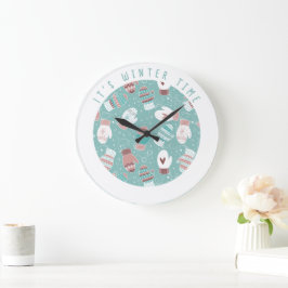 クリスマスのミトン模様の冬のミント ラージ壁時計