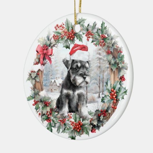 クリスマスのミニチュアシュナウザー犬の子犬サンタハット セラミックオーナメント (左)