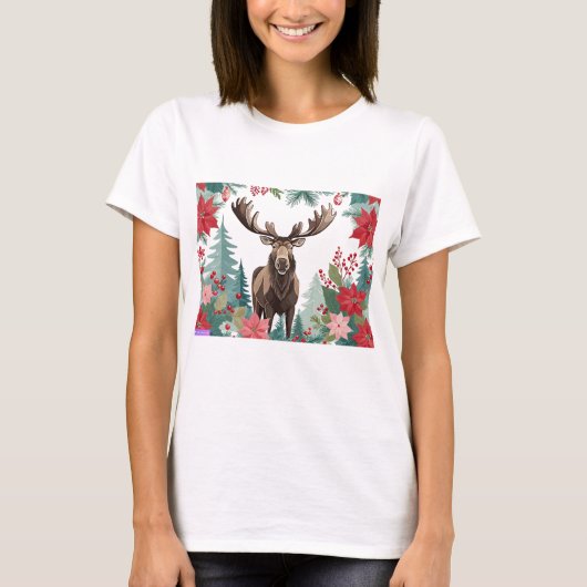クリスマスのムースとポインセチア Tシャツ (正面)