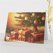 クリスマスのモチーフ，クリスマスツリーの下にプレゼントと カード (黄色い花)