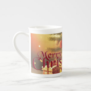クリスマスのモチーフ、クリスマスツリーの下にプレゼント ボーンチャイナマグカップ