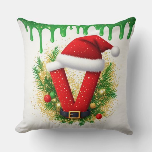 クリスマスのモノグラム V ホリデー 名前 クッション (正面)