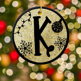 クリスマスのモノグラムK 黒と金のラメ セラミックオーナメント