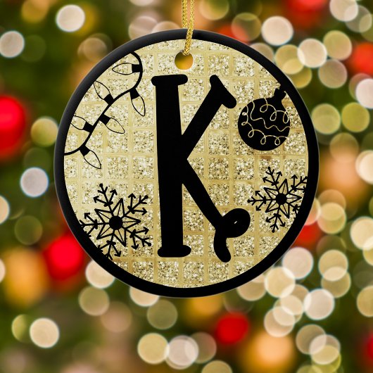 クリスマスのモノグラムK 黒と金のラメ セラミックオーナメント