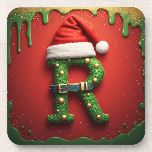 クリスマスのモノグラムRとサンタ帽子 - ホリデーギフト コースター (正面)