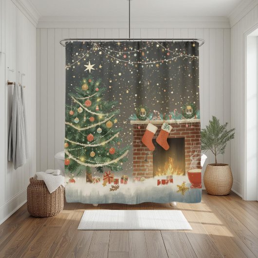 クリスマスのモミの木と暖炉のシャワーカーテン シャワーカーテン