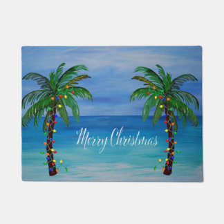クリスマスのヤシの木 海岸沿いの家のアート ドアマット