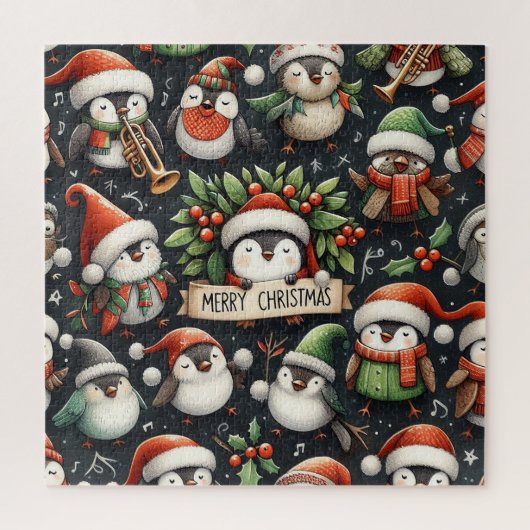 クリスマスのヤドリギのペンギンの聖歌隊とコマドリ ジグソーパズル (縦)