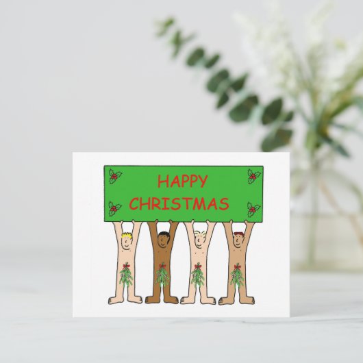 クリスマスのヤブツルリーを被った漫画の男性たち ポストカード (スタンド正面)