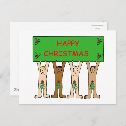 クリスマスのヤブツルリーを被った漫画の男性たち ポストカード (正面/裏面)