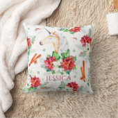 クリスマスのユニコーンとポインセチア模様 クッション (ブランケット)