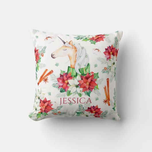 クリスマスのユニコーンとポインセチア模様 クッション (正面)