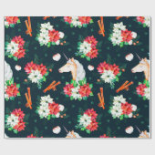 クリスマスのユニコーンとポインセチア模様 ラッピングペーパー (フラット)