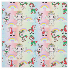 クリスマスのユニコーンとレインボウかわいいキッズパターン ファブリック