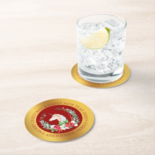 クリスマスのユニコーン縁ど金ゴールドラウンド紙コースター ラウンドペーパーコースター (インサイチュ)