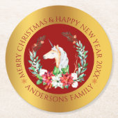 クリスマスのユニコーン縁ど金ゴールドラウンド紙コースター ラウンドペーパーコースター (正面)