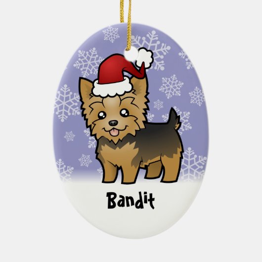 クリスマスのヨークシャテリア(あなたのペットネームを加えて下さい) セラミックオーナメント (裏面)
