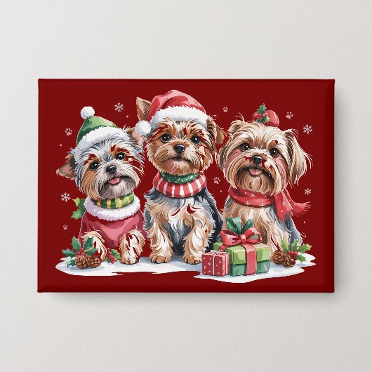 クリスマスのヨークシャーテリア犬好き 缶バッジ (正面)