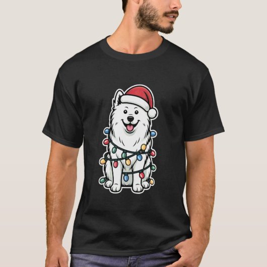 クリスマスのライトに包まれたサモエド Tシャツ (正面)