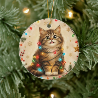 クリスマスのライトに包まれた猫のオーナメント セラミックオーナメント
