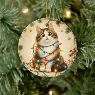 クリスマスのライトに包まれた猫のオーナメント セラミックオーナメント
