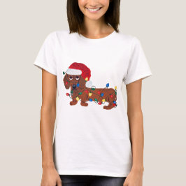 クリスマスのライトに絡まるダックスフント(赤) Tシャツ