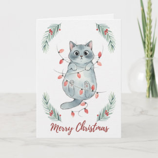 クリスマスのライトに絡まる子猫のカード カード