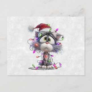 クリスマスのライトに絡まる子猫 ポストカード