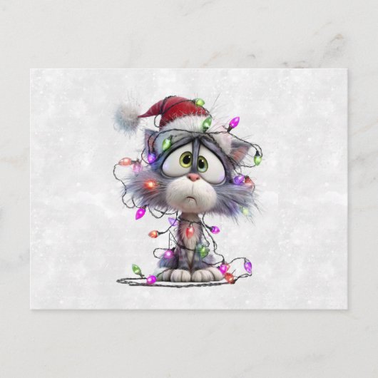 クリスマスのライトに絡まる子猫 ポストカード (正面)