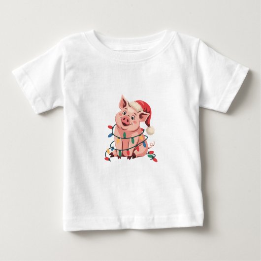 クリスマスのライトを着けたブタのサンタ帽子 - ブタ好きに贈る ベビーTシャツ (正面)