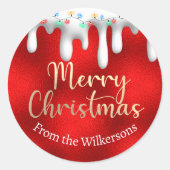 クリスマスのライトオンスノー金ゴールドと赤名前をカスタムする ラウンドシール (正面)