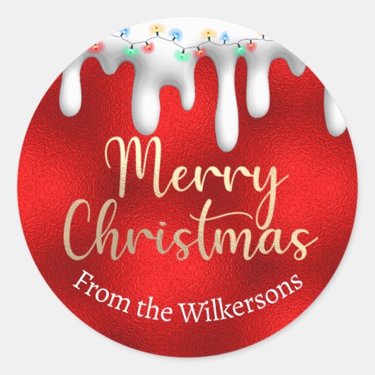 クリスマスのライトオンスノー金ゴールドと赤名前をカスタムする ラウンドシール (正面)