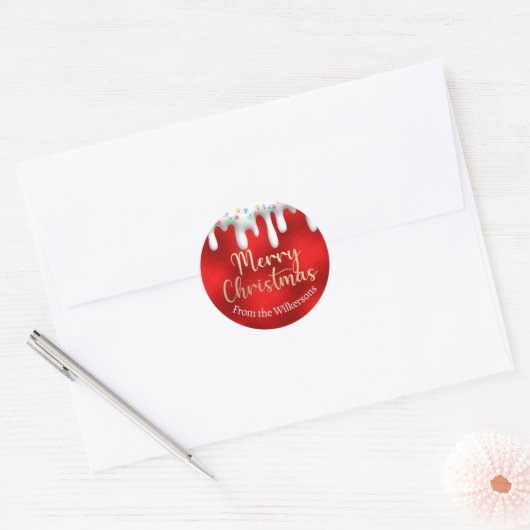 クリスマスのライトオンスノー金ゴールドと赤名前をカスタムする ラウンドシール (封筒)