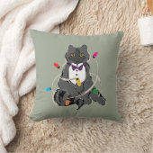 クリスマスのライ包まれたツでグレーの猫 クッション (ブランケット)