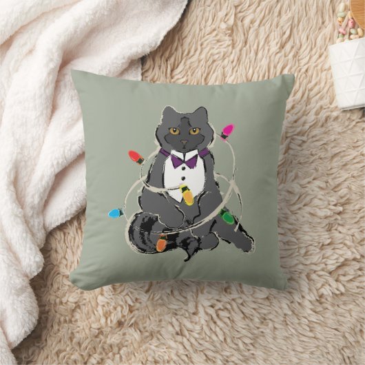 クリスマスのライ包まれたツでグレーの猫 クッション (ブランケット)