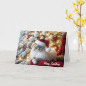 クリスマスのラグドール猫が椅子にヴィンテージ カード (黄色い花)