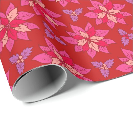 クリスマスのラッピング紙と赤いポインセチア。 ラッピングペーパー (ロールコーナー)