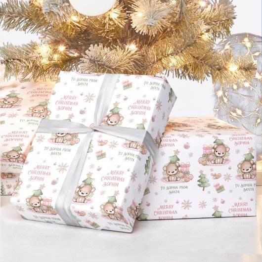 クリスマスのラッピング紙女の子の名前ピンクベア ラッピングペーパー