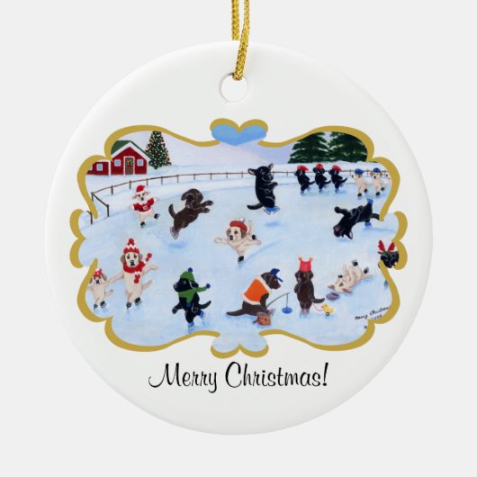 クリスマスのラブラドールのおもしろいの絵を描くこと セラミックオーナメント (正面)