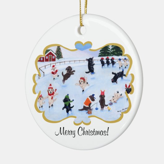 クリスマスのラブラドールのおもしろいの絵を描くこと セラミックオーナメント (左)
