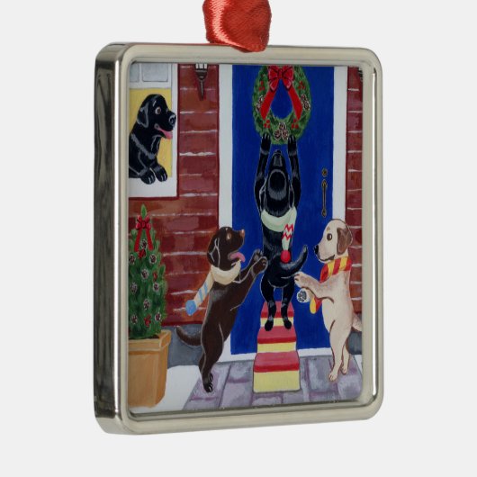 クリスマスのラブラドールの絵画のクリスマスのリース メタルオーナメント (右)